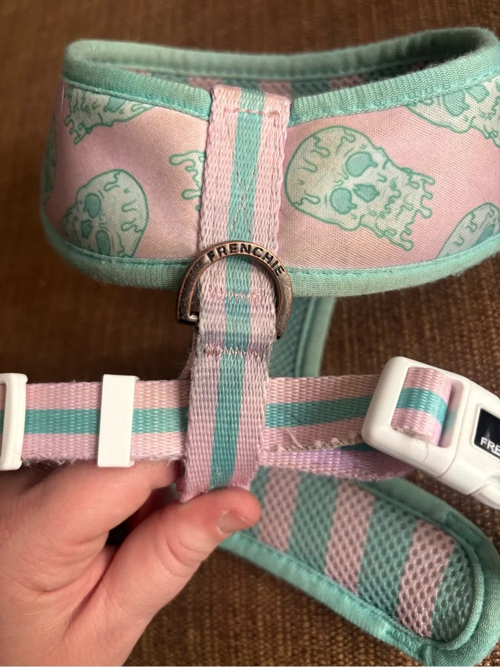 Frenchie Bulldog Reversible Pink/Mint Skull Drip Medium Dog Harness